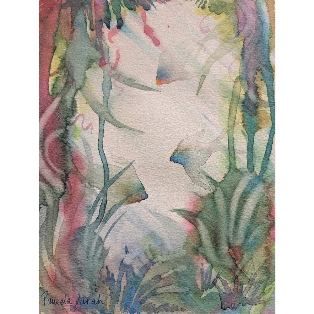 Vintage 70s Watercolor Painting Abstract 9x12 Fish Marine Life Reef Ocean Signed